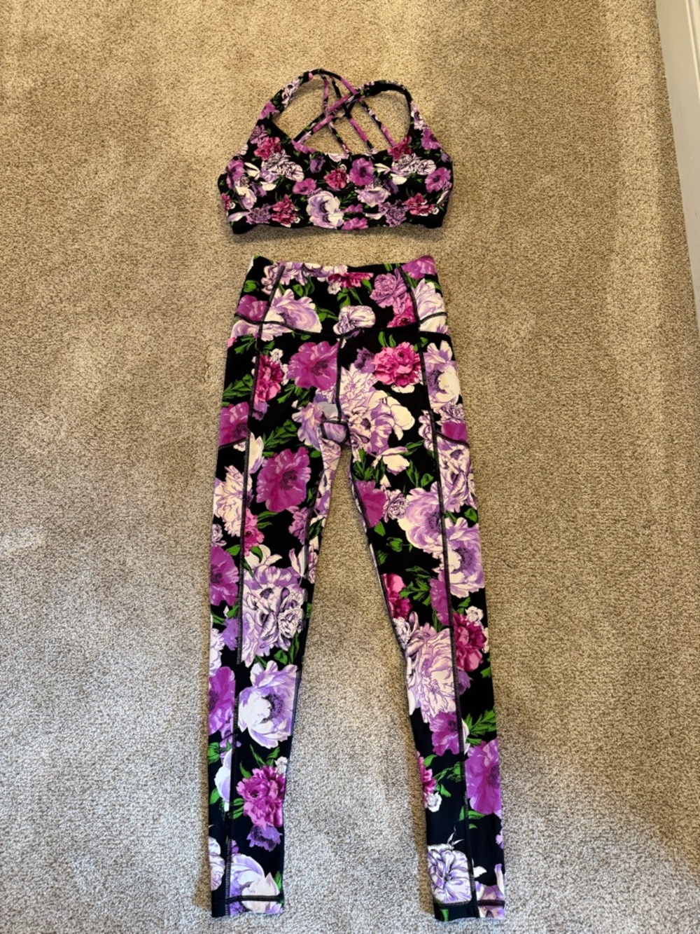 Floral Active Set - Purple & Black Sports Bra + Leggings